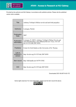 Anthony Trollope's Palliser Novels and Anti-Irish Prejudice