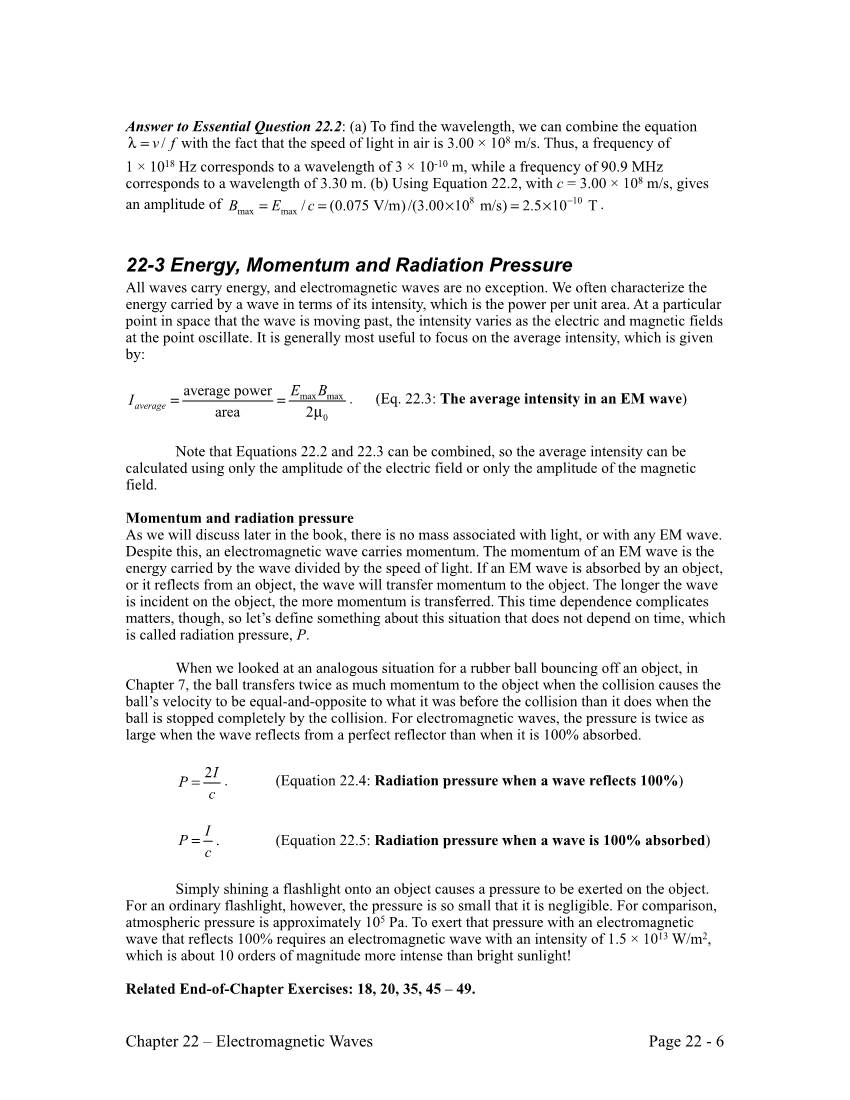 Section 22-3: Energy, Momentum and Radiation Pressure