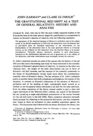 JOHN EARMAN* and CLARK GL YMUURT the GRAVITATIONAL RED SHIFT AS a TEST of GENERAL RELATIVITY: HISTORY and ANALYSIS