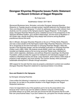 Dzongsar Khyentse Rinpoche Issues Public Statement on Recent Criticism of Sogyal Rinpoche