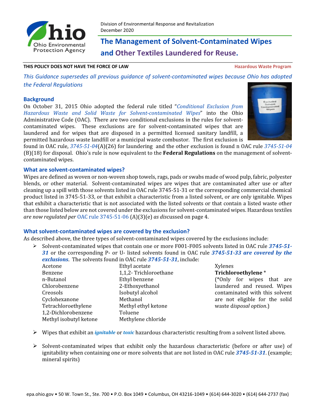 The Management of Solvent-Contaminated Wipes and Other Textiles Laundered for Reuse