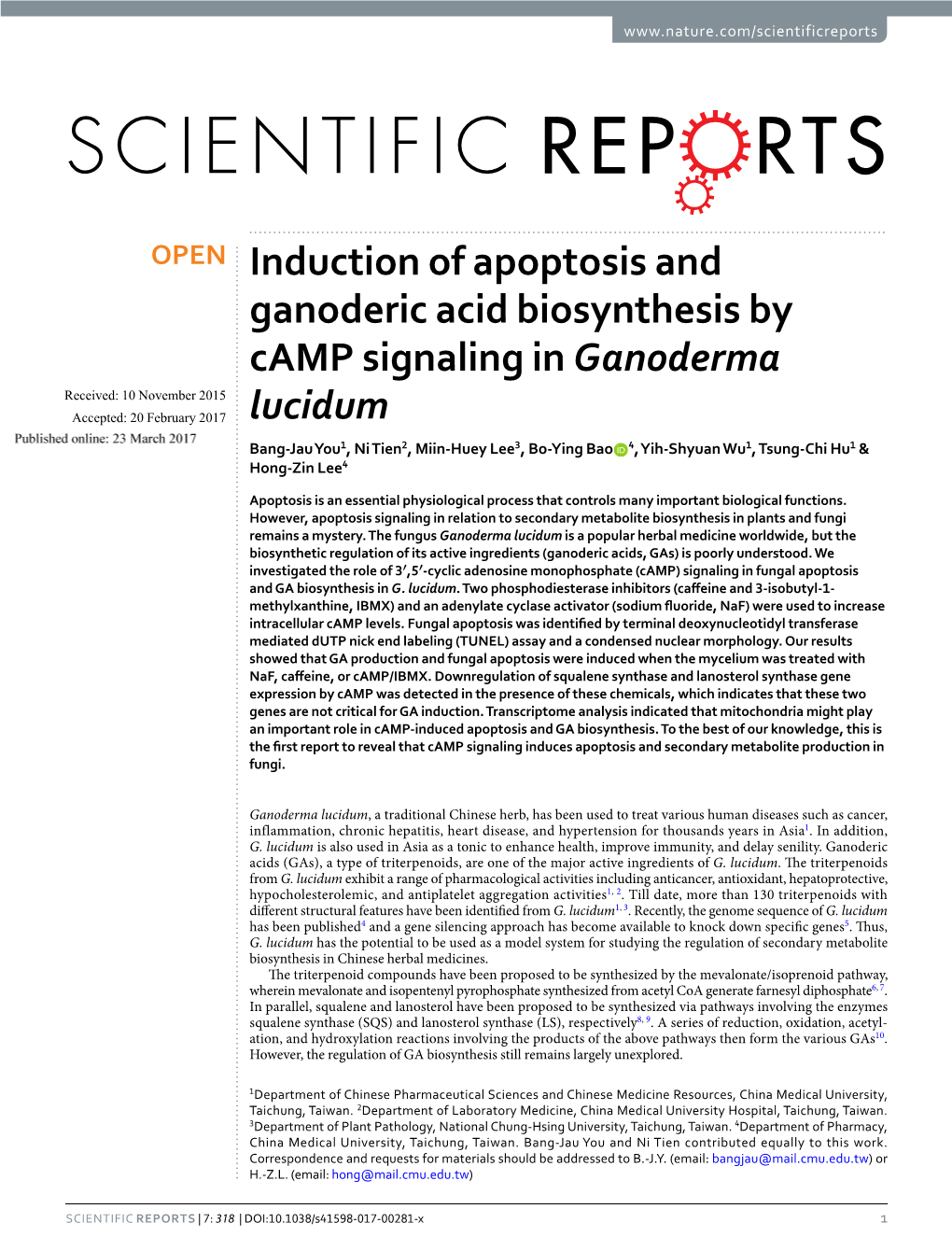 Induction of Apoptosis and Ganoderic Acid Biosynthesis by Camp