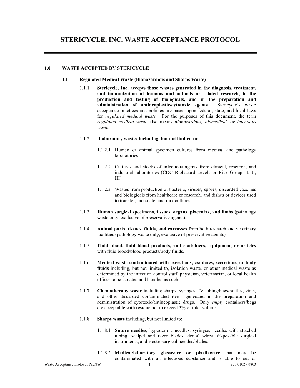 Stericycle, Inc. Waste Acceptance Protocol