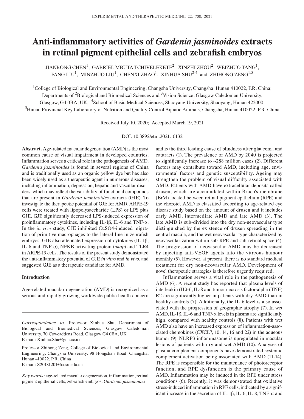 Anti‑Inflammatory Activities of Gardenia Jasminoides Extracts in Retinal Pigment Epithelial Cells and Zebrafish Embryos