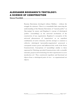 BOGDANOV's TEKTOLOGY: a SCIENCE of CONSTRUCTION Simona Poustilnik______