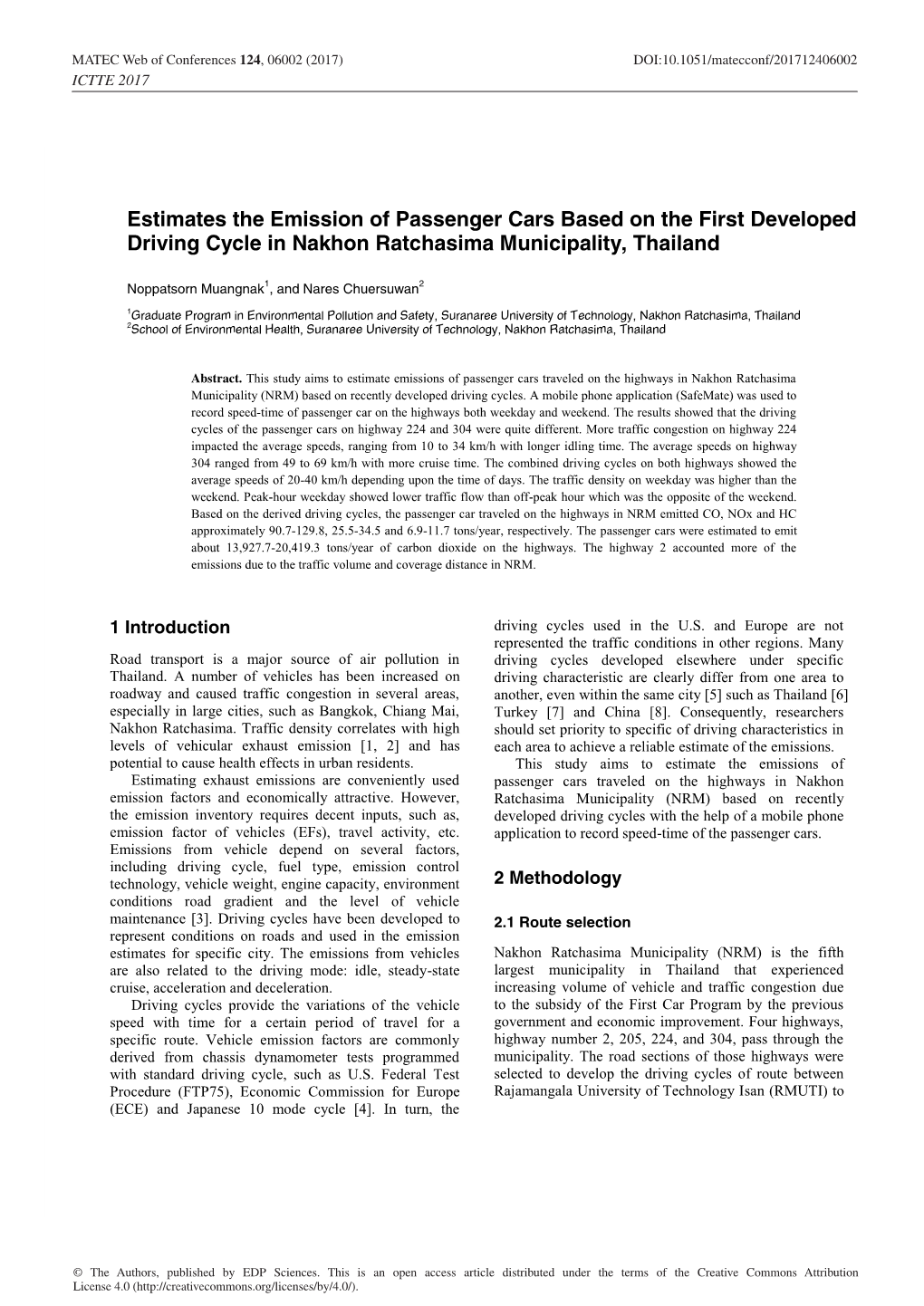 Estimates the Emission of Passenger Cars Based on the First Developed Driving Cycle in Nakhon Ratchasima Municipality, Thailand