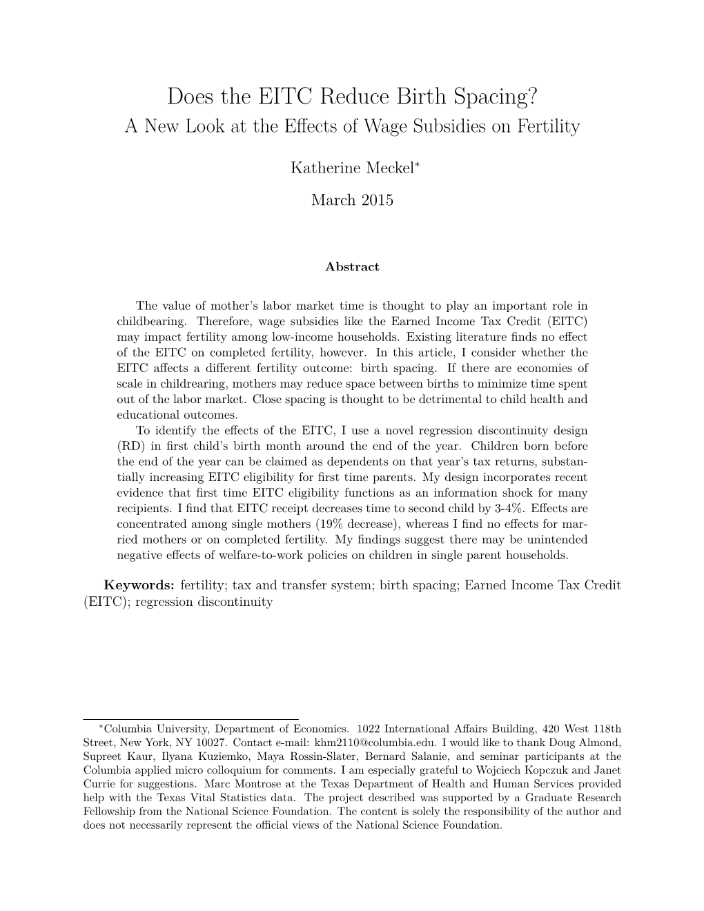 Does the EITC Reduce Birth Spacing? a New Look at the Eﬀects of Wage Subsidies on Fertility