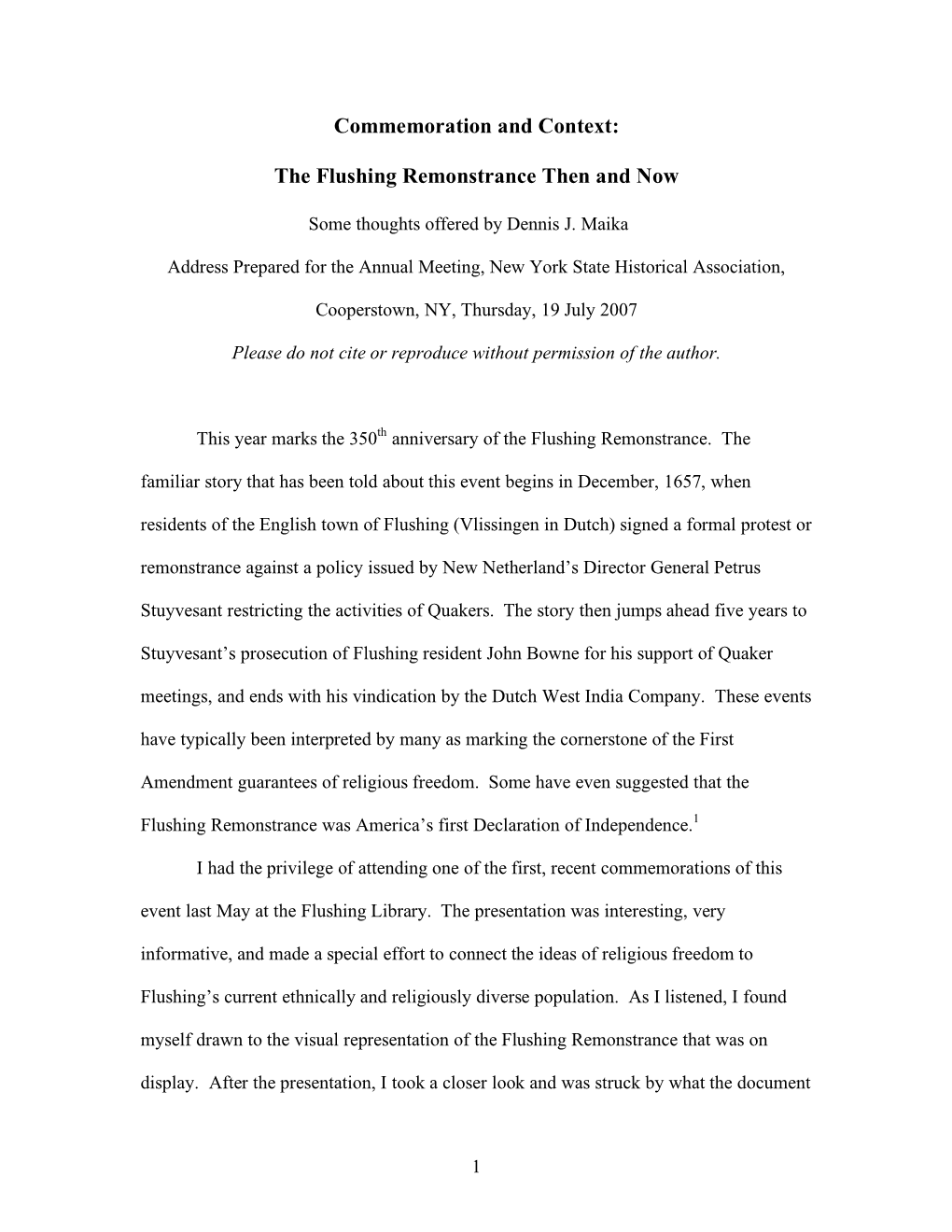 Commemoration and Context: the Flushing Remonstrance Then And