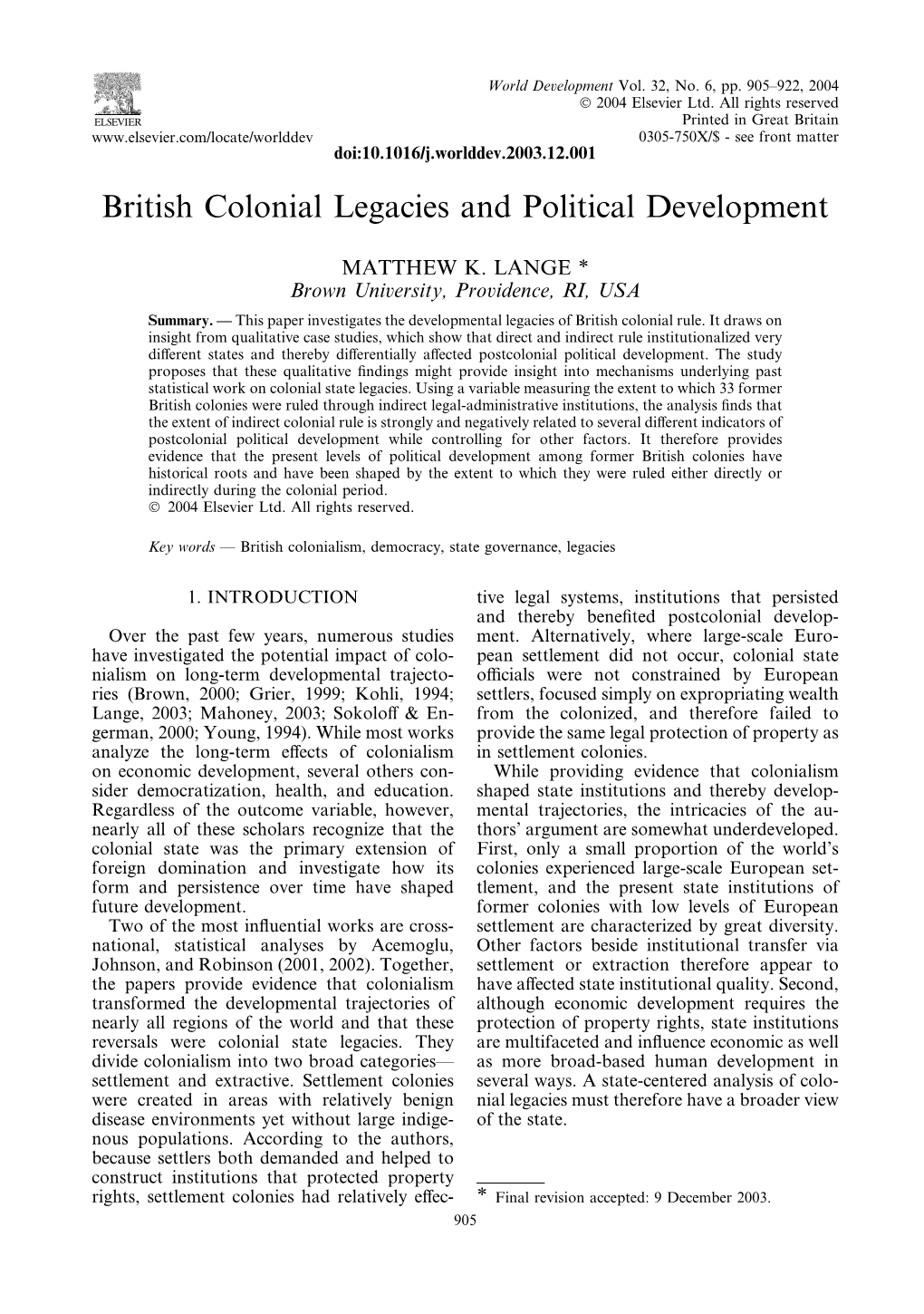 British Colonial Legacies and Political Development