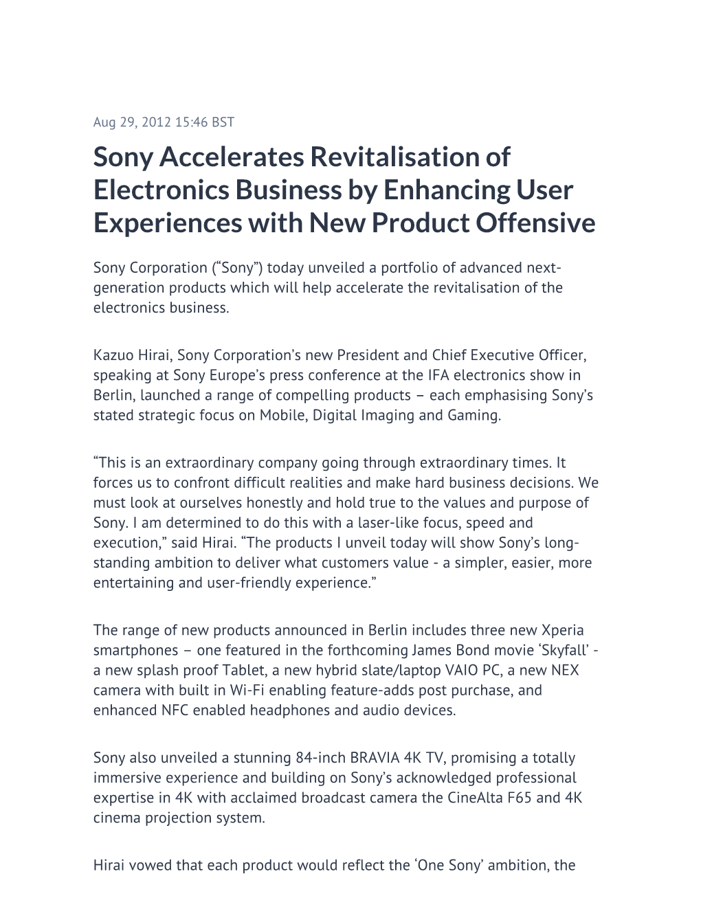 Sony Accelerates Revitalisation of Electronics Business by Enhancing User Experiences with New Product Offensive