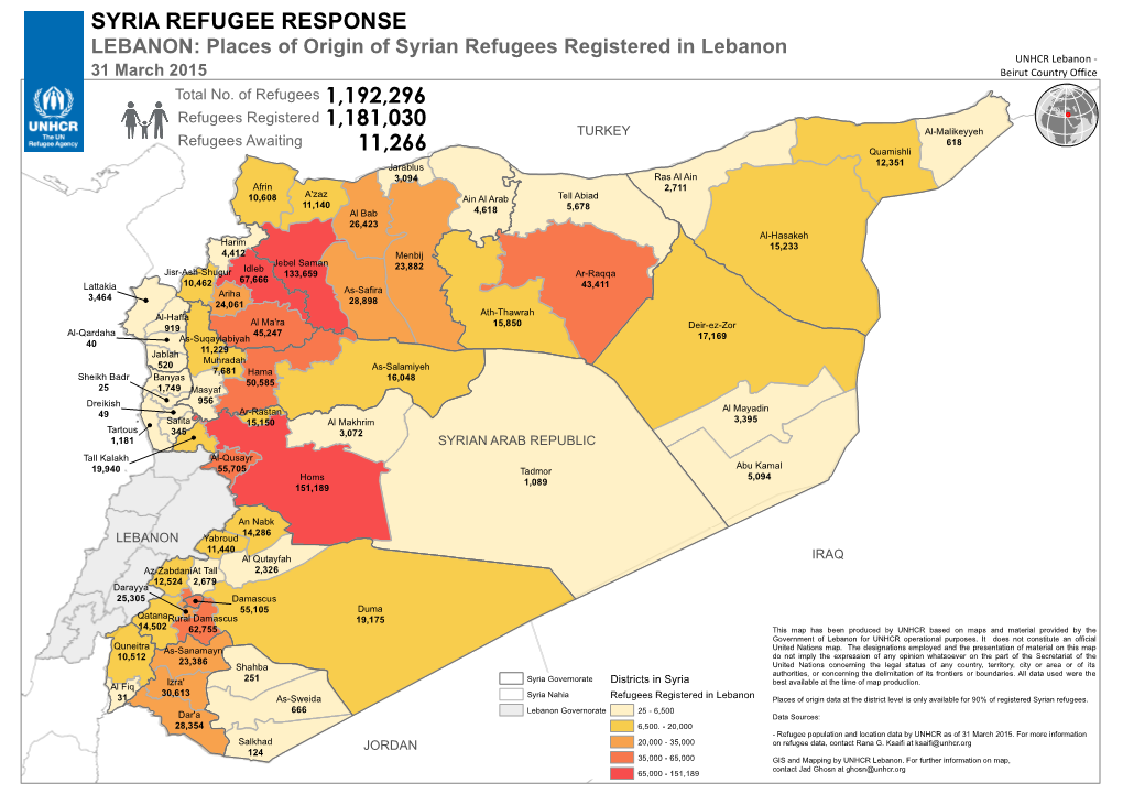 Places of Origin of Syrian Refugees Registered in Lebanon UNHCR Lebanon - 31 March 2015 Beirut Country Office Total No
