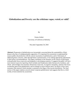 Globalization and Poverty: Are the Criticisms Vague, Vested, Or Valid?