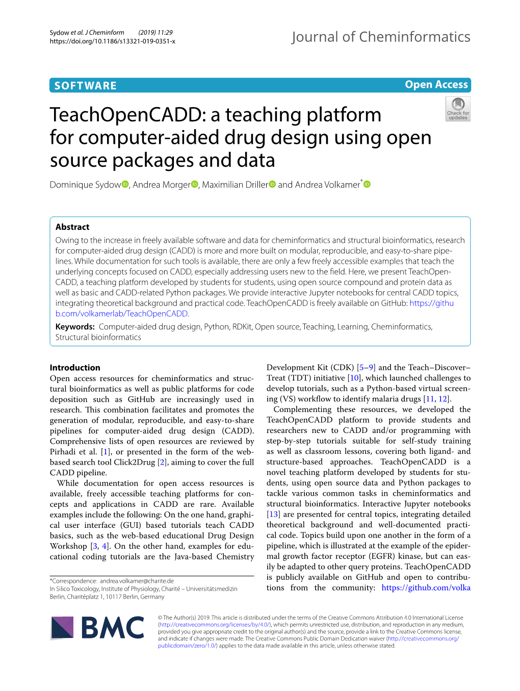 Teachopencadd: a Teaching Platform for Computer-Aided Drug Design Using Open Source Packages and Data