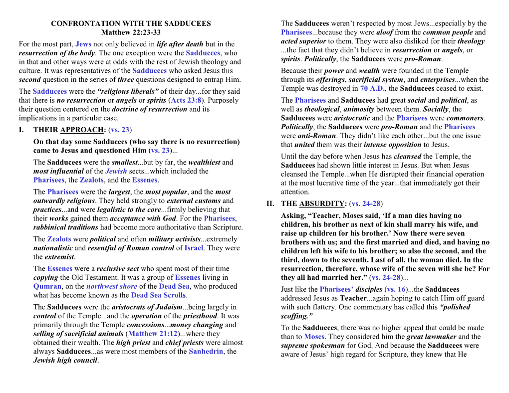 CONFRONTATION with the SADDUCEES Matthew 22:23-33