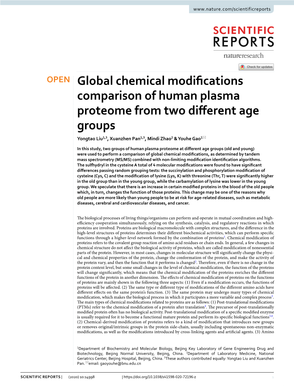 Global Chemical Modifications Comparison of Human Plasma