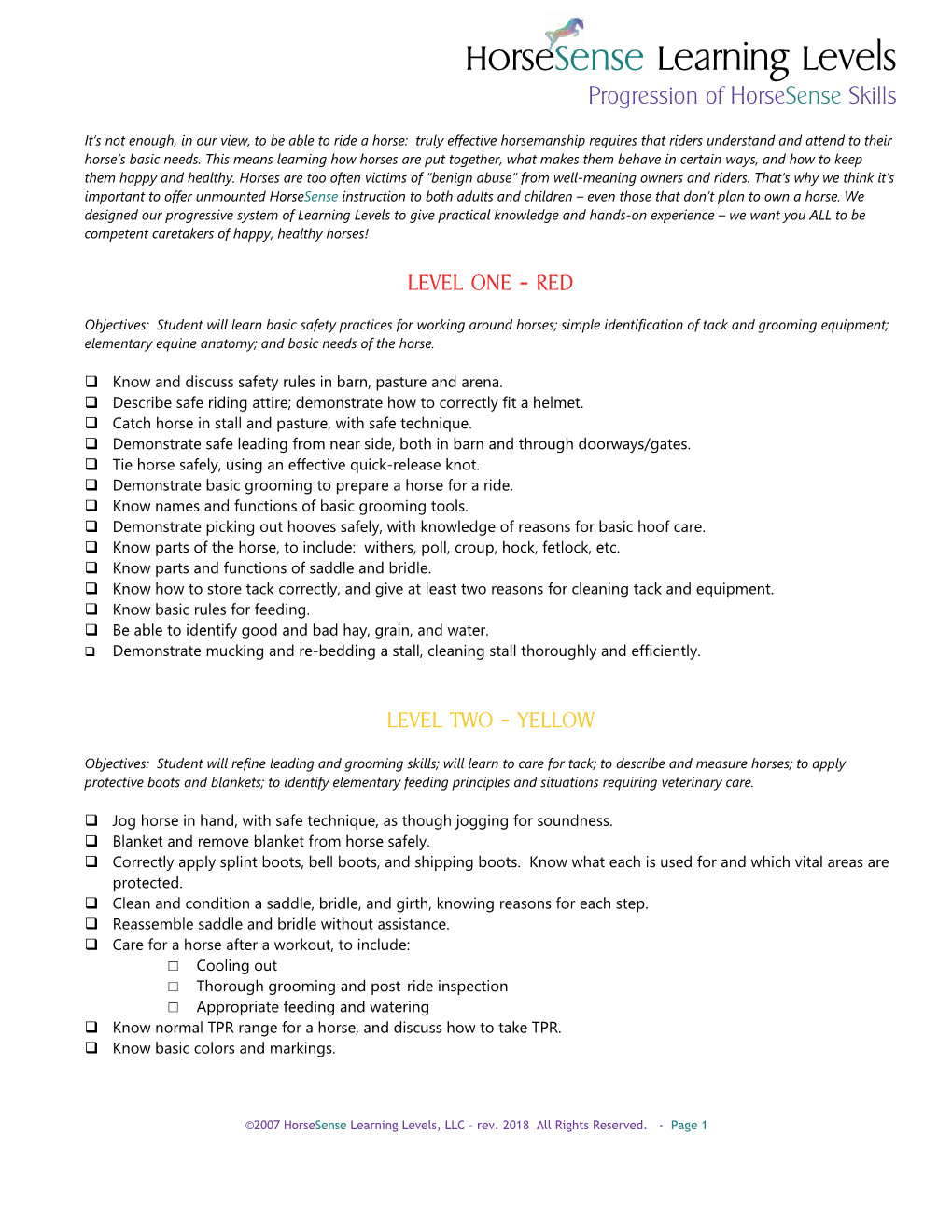 Horsesense Learning Levels Progression of Horsesense Skills