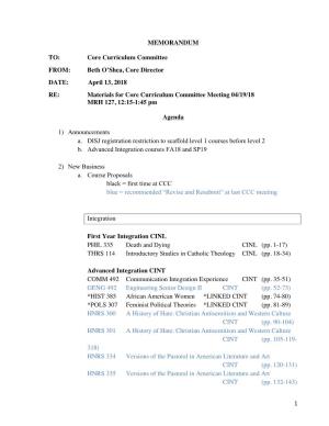 Materials for Core Curriculum Committee Meeting 04/19/18 MRH 127, 12:15-1:45 Pm
