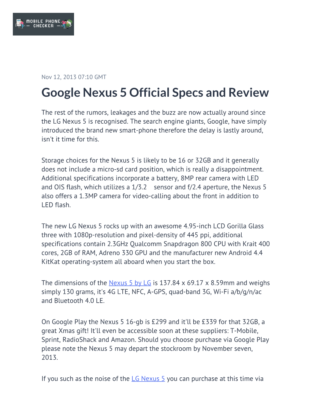 Google Nexus 5 Official Specs and Review