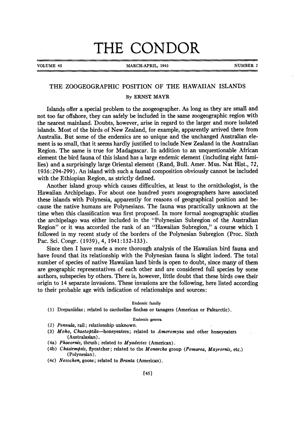 The Zoogeographic Position of the Hawaiian Islands