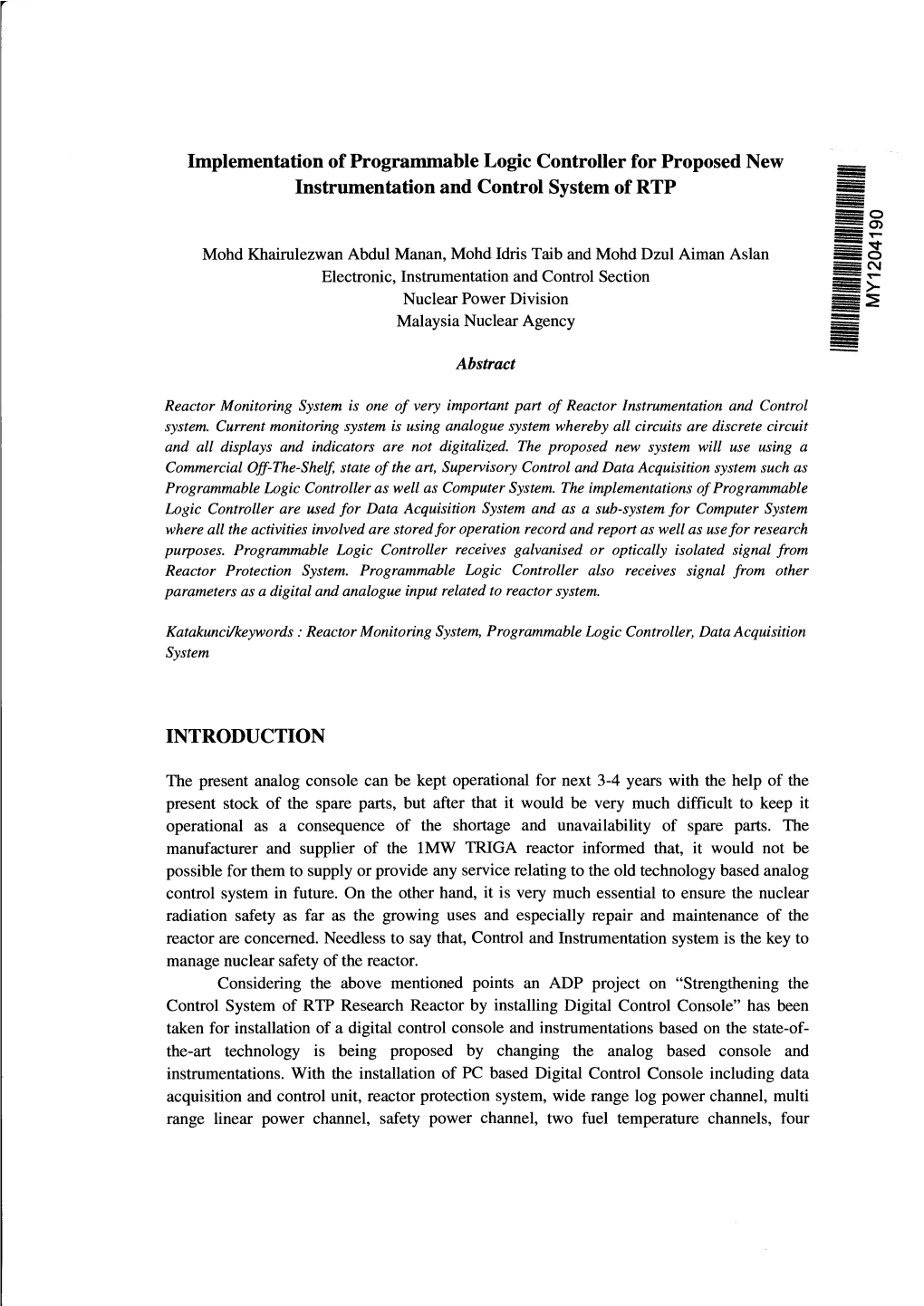 Implementation of Programmable Logic Controller for Proposed New Instrumentation and Control System of RTP