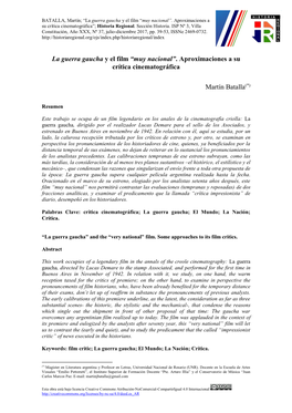 La Guerra Gaucha Y El Film “Muy Nacional”. Aproximaciones a Su Crítica Cinematográfica”; Historia Regional
