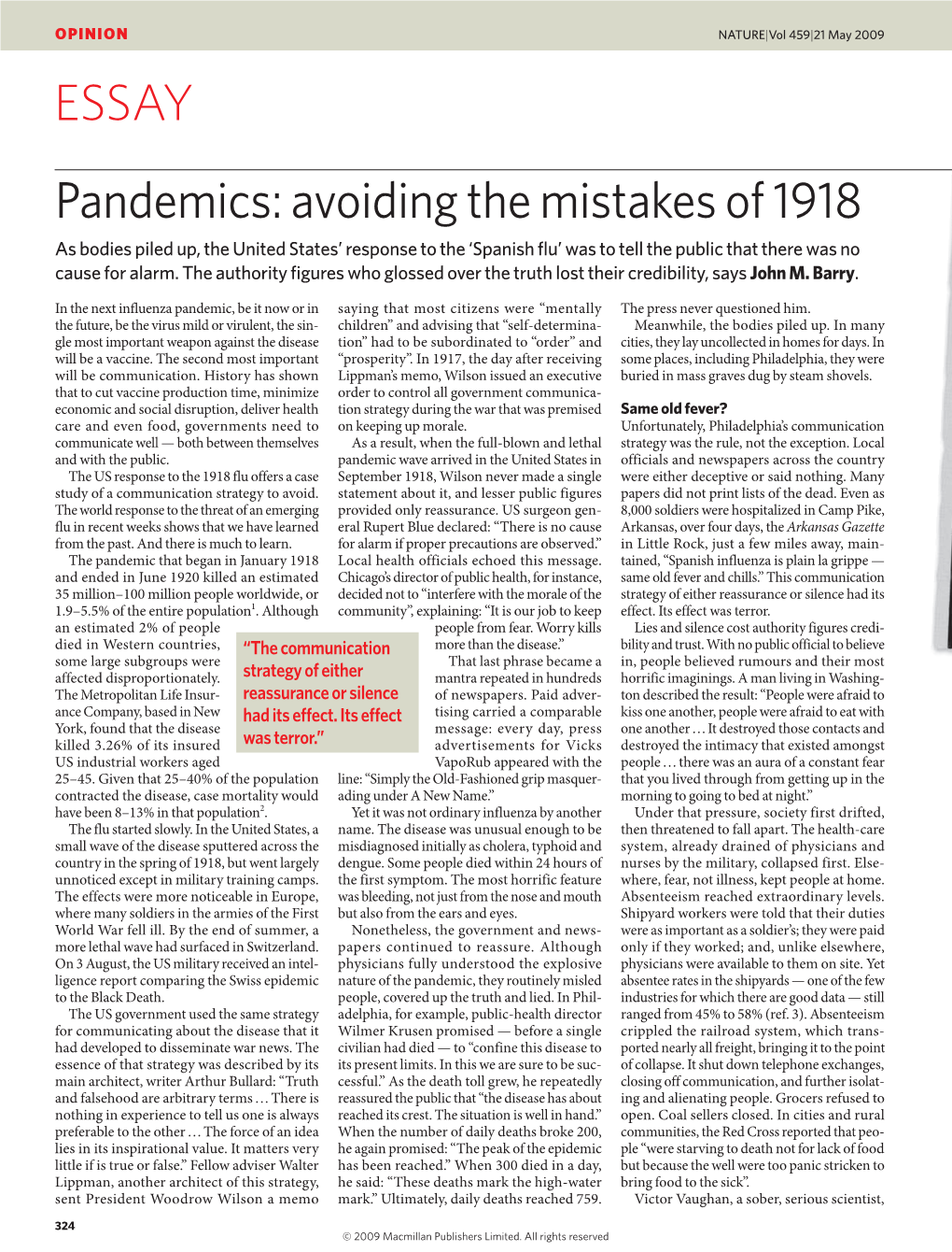 Pandemics: Avoiding the Mistakes of 1918 As Bodies Piled Up, the United States’ Response to the ‘Spanish Flu’ Was to Tell the Public That There Was No Cause for Alarm