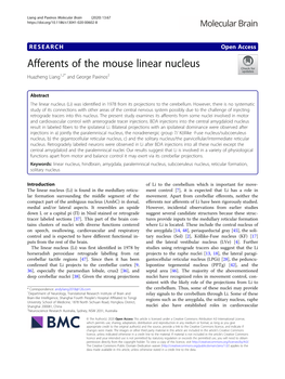 Afferents of the Mouse Linear Nucleus Huazheng Liang1,2* and George Paxinos2