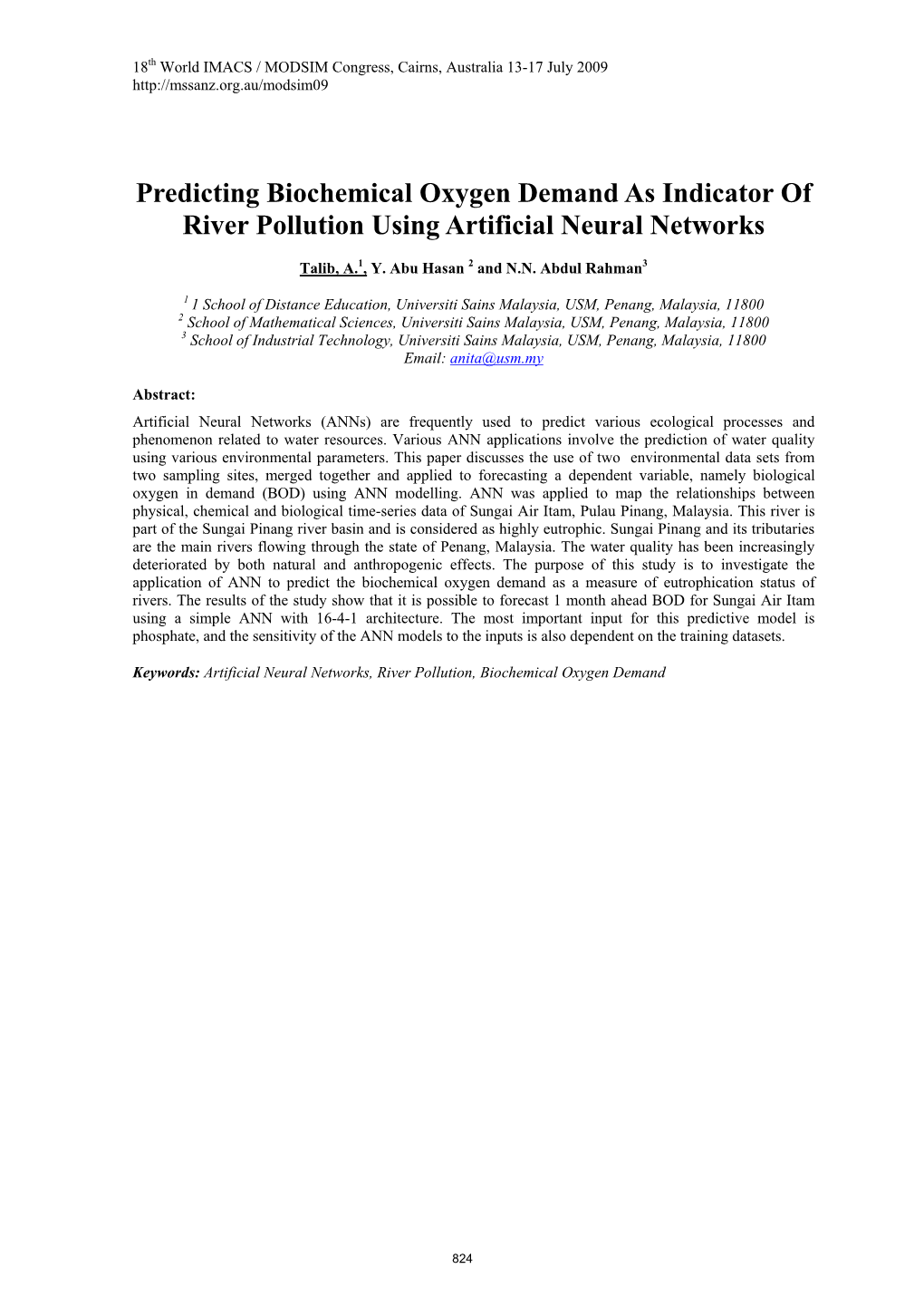 Predicting Biochemical Oxygen Demand As Indicator of River Pollution Using Artificial Neural Networks