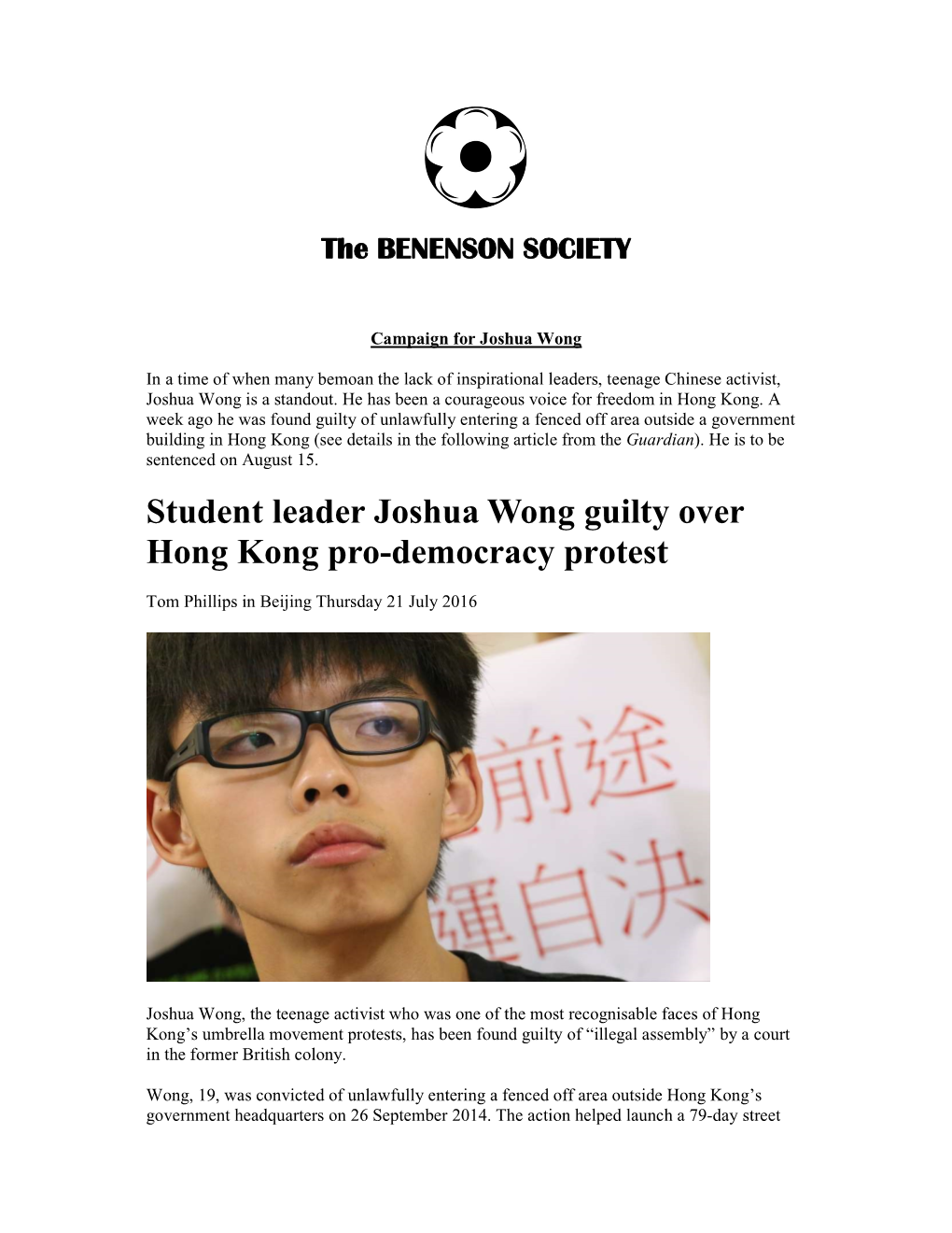 Student Leader Joshua Wong Guilty Over Hong Kong Pro-Democracy Protest Tom Phillips in Beijing Thursday 21 July 2016