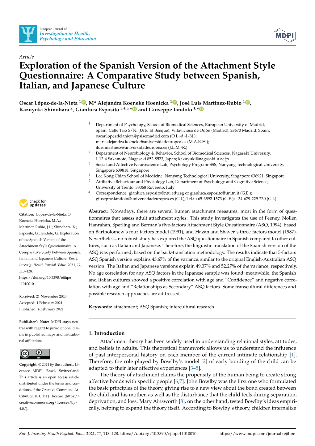 Exploration of the Spanish Version of the Attachment Style Questionnaire: a Comparative Study Between Spanish, Italian, and Japanese Culture