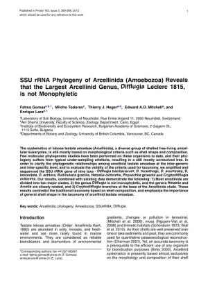 SSU Rrna Phylogeny of Arcellinida (Amoebozoa) Reveals