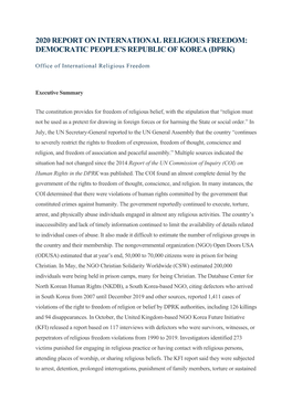 2020 Report on International Religious Freedom: Democratic People's Republic of Korea (Dprk)