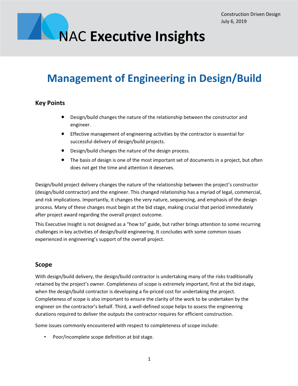 Management of Engineering in Design/Build