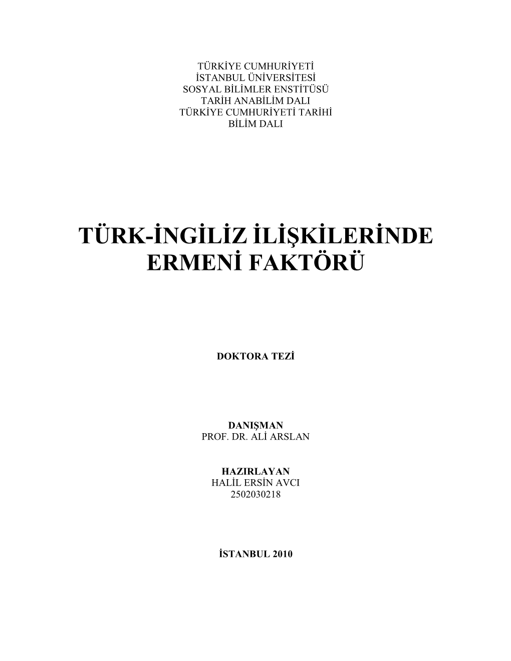 Türk-Ingiliz Ilişkilerinde Ermeni Faktörü