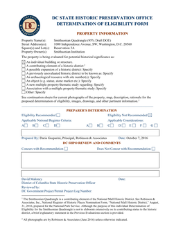 Dc State Historic Preservation Office Determination of Eligibility Form
