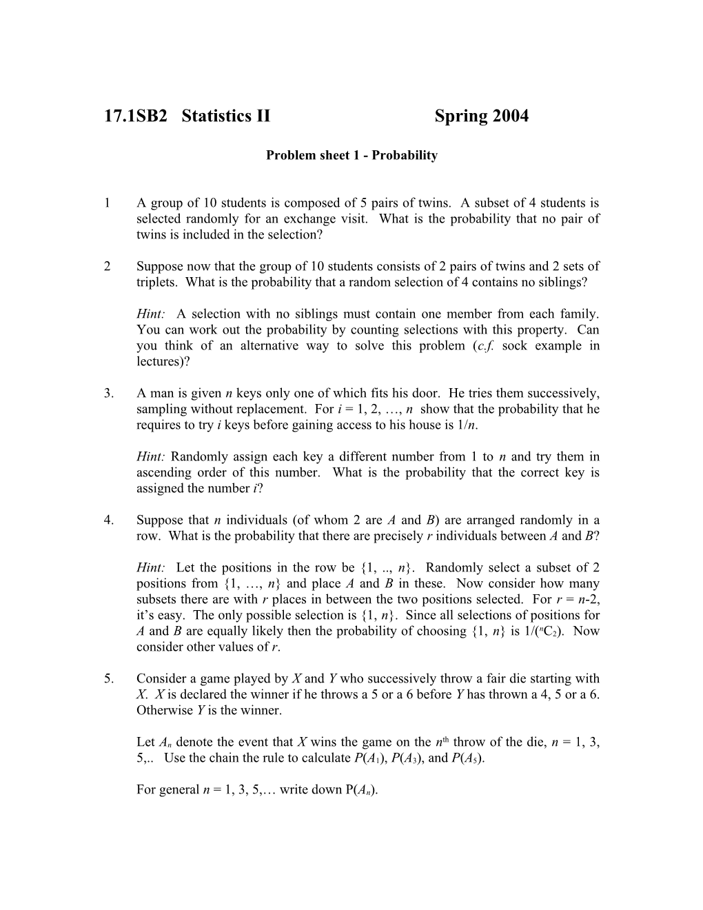 17.1SB2 Statistics II Spring 2004