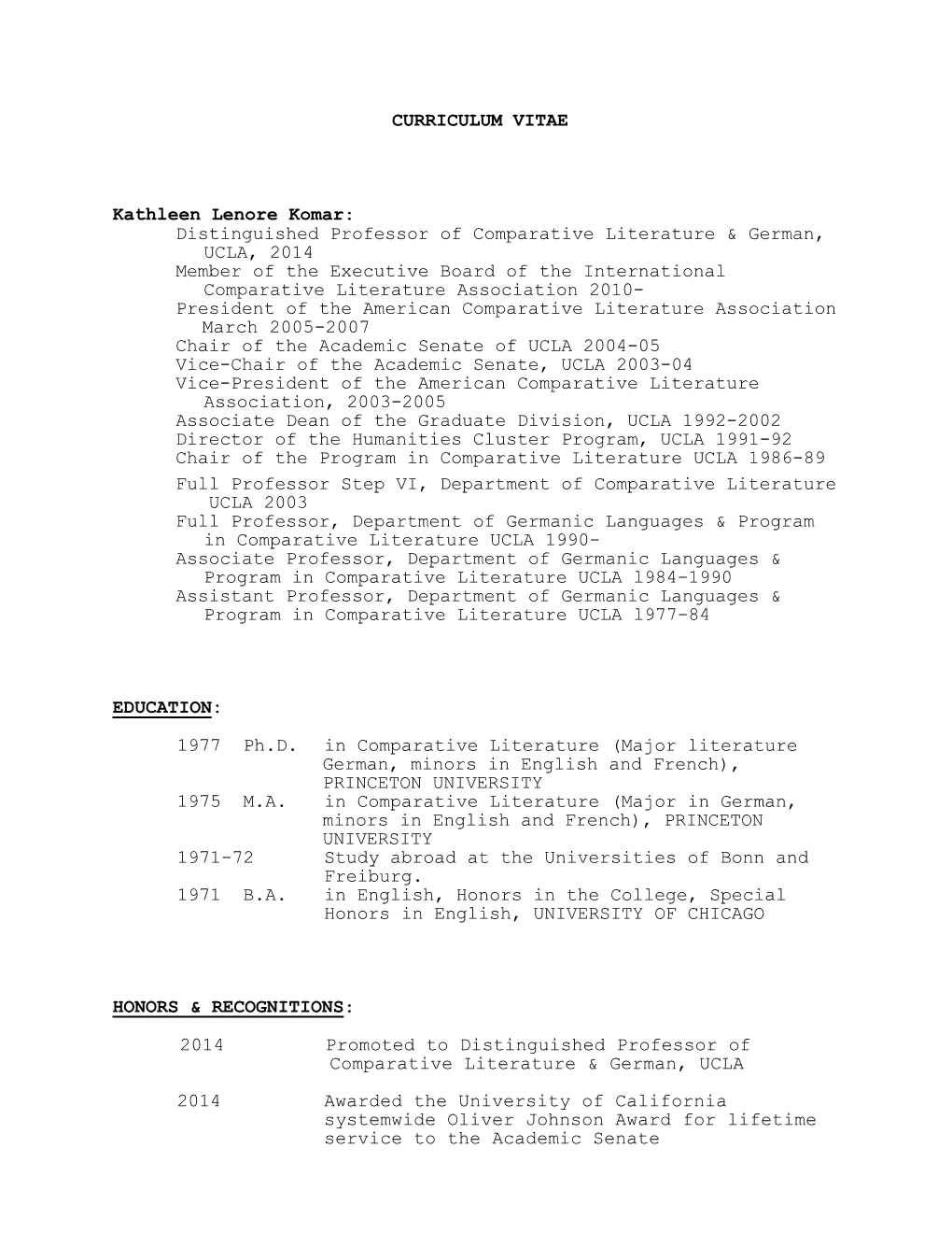 CURRICULUM VITAE Kathleen Lenore Komar