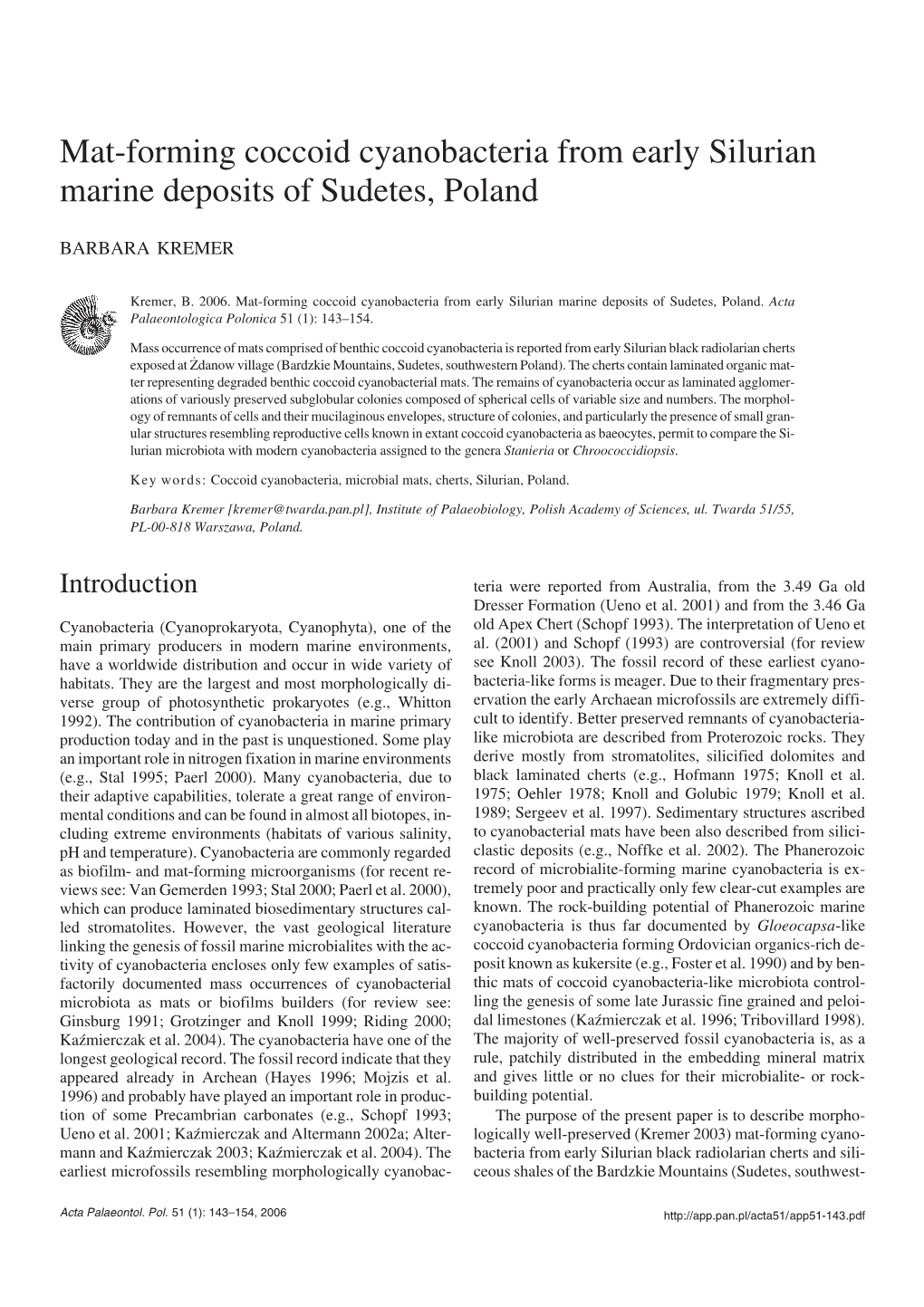 Mat-Forming Coccoid Cyanobacteria from Early Silurian Marine Deposits