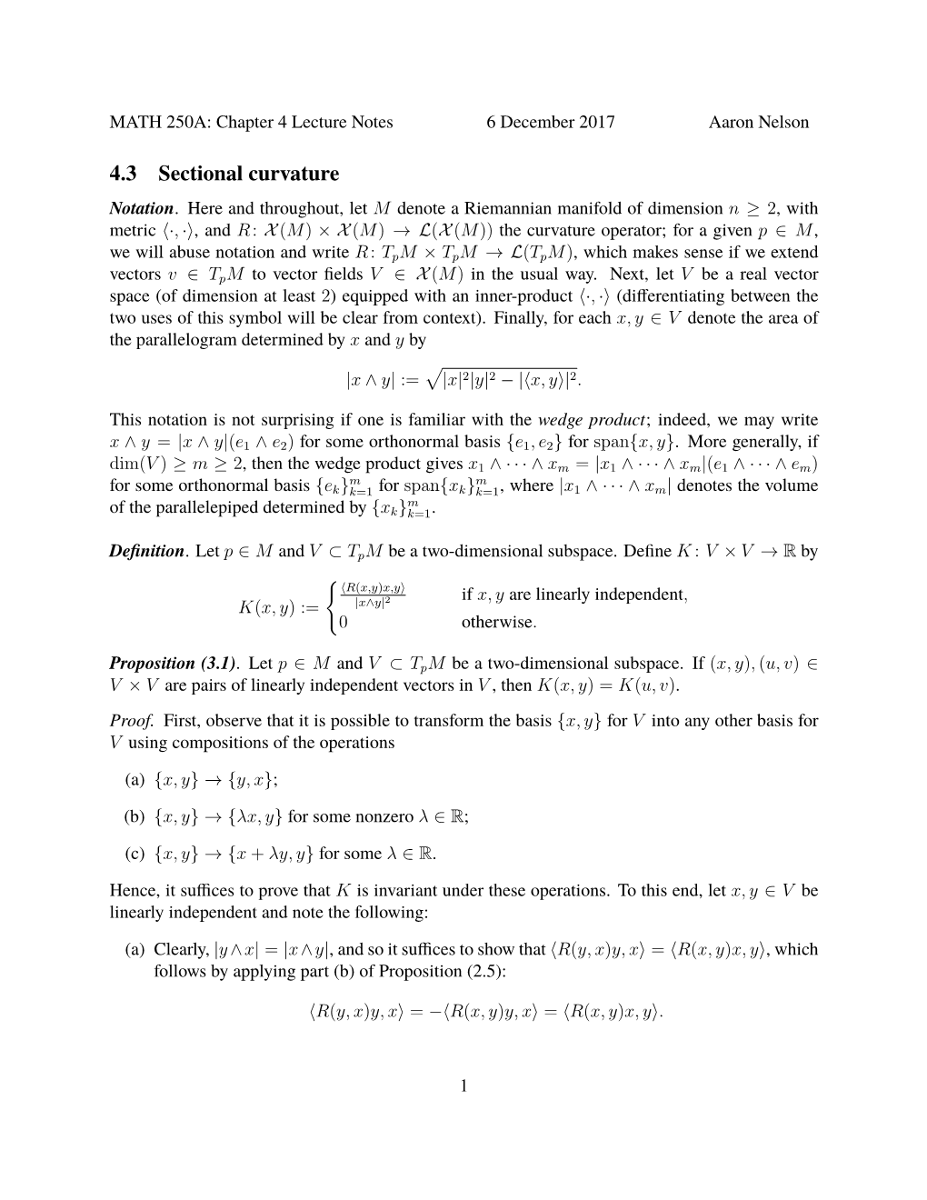 4.3 Sectional Curvature Notation