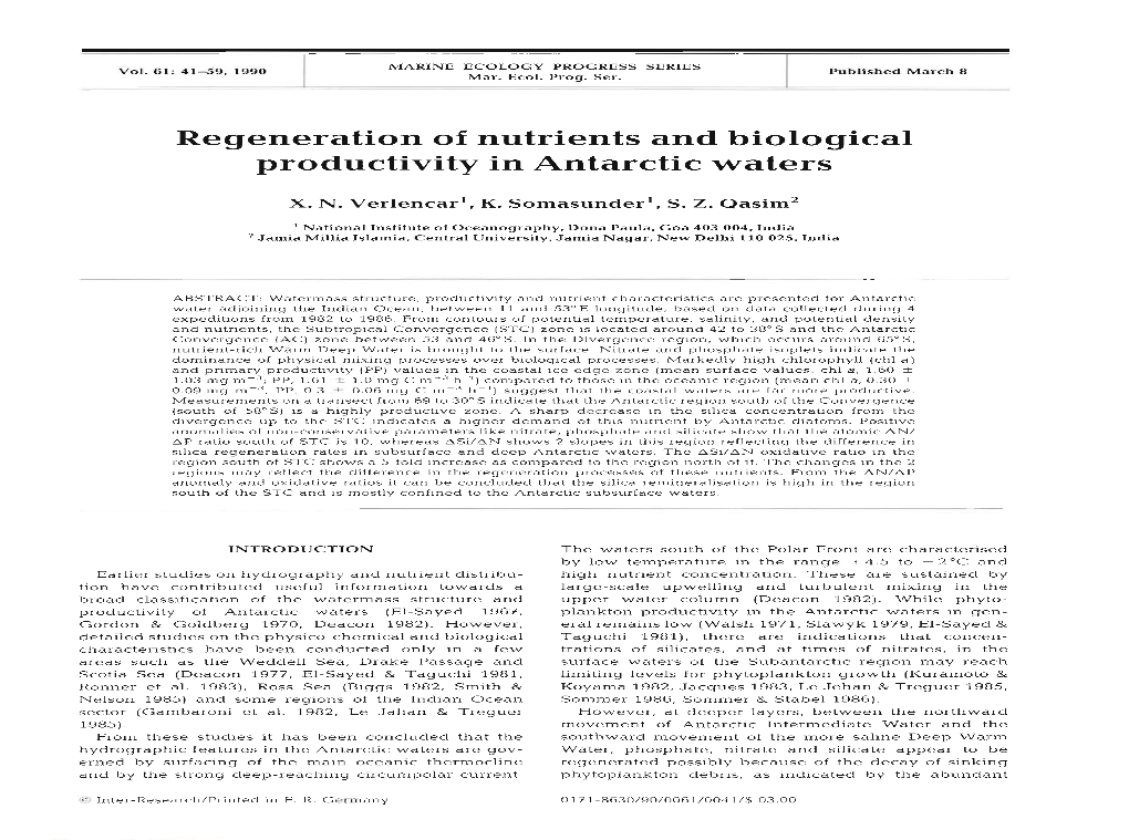 Regeneration of Nutrients and Biological Productivity in Antarctic Waters