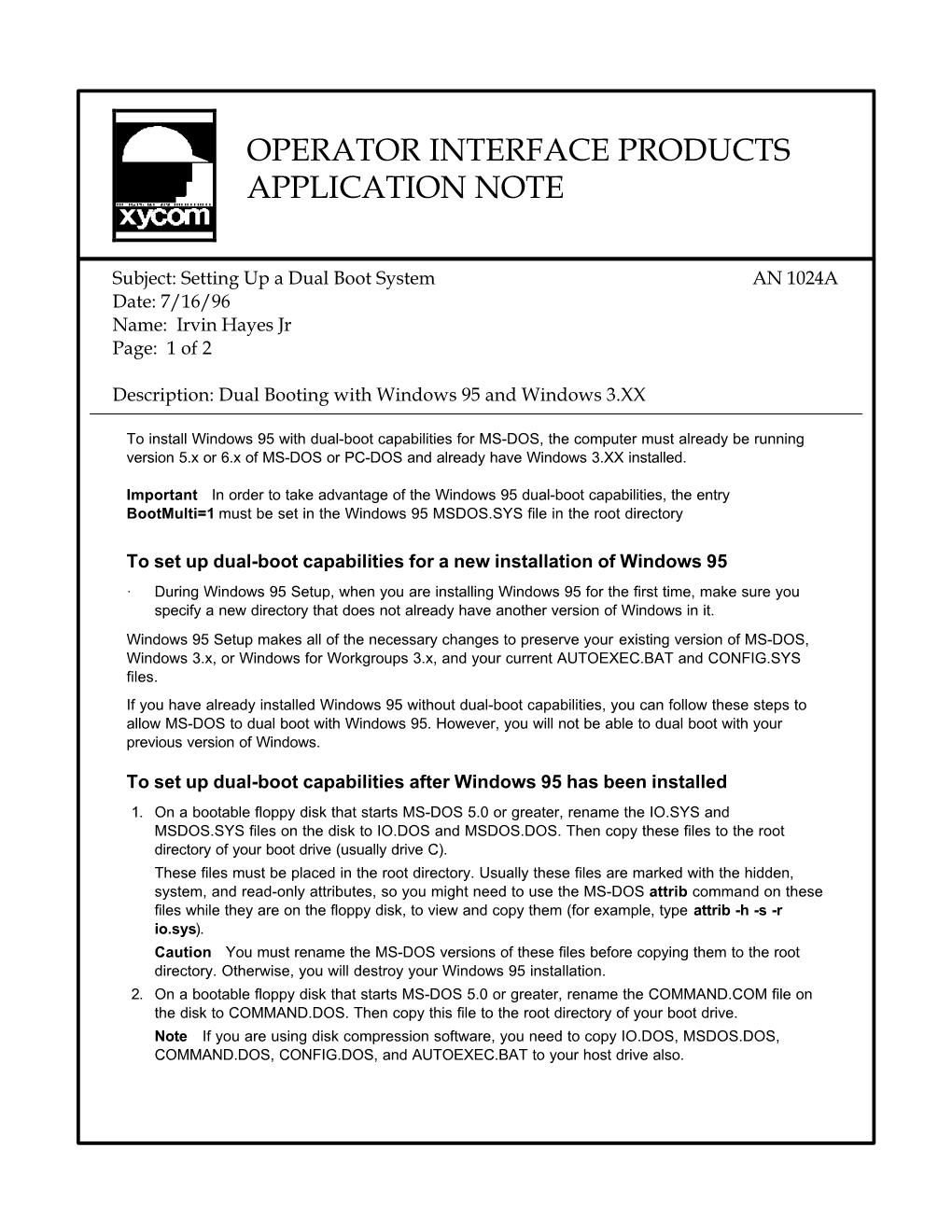 Operator Interface Products Application Note