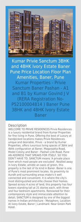 Privie Sanctum Baner Pashan - A1 and B1 by Kumar Govind J V (RERA Registration No- P52100004814 ) Baner Pune 3BHK and 4BHK Ivory Estate Baner