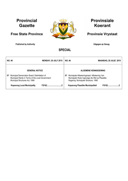 Provincial Gazette for Free State No 46 of 20-July-2015
