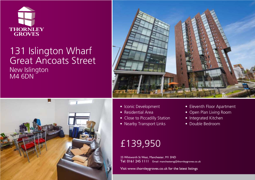 £139,950 131 Islington Wharf Great Ancoats Street