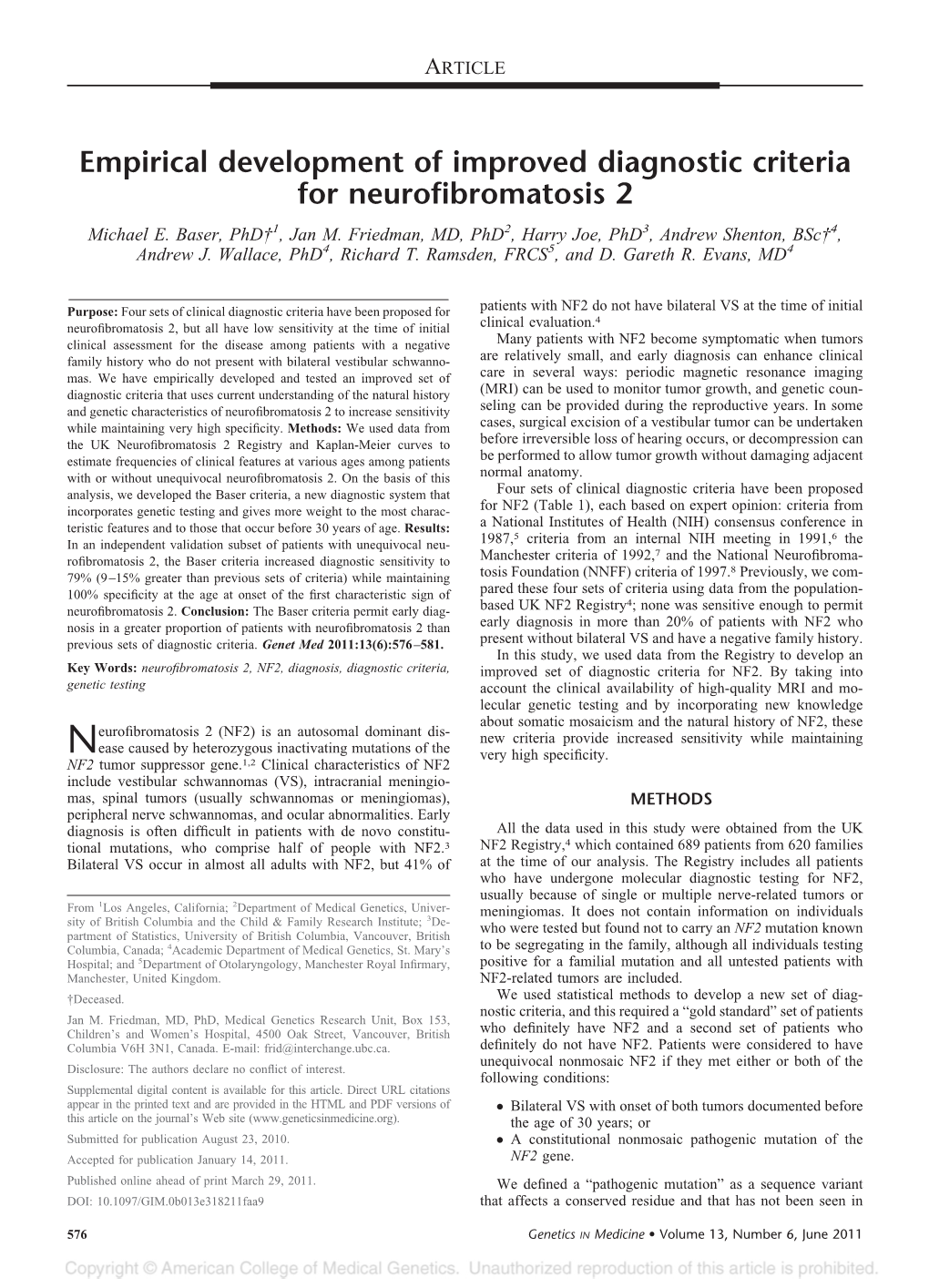 Empirical Development of Improved Diagnostic Criteria for Neurofibromatosis 2 Michael E