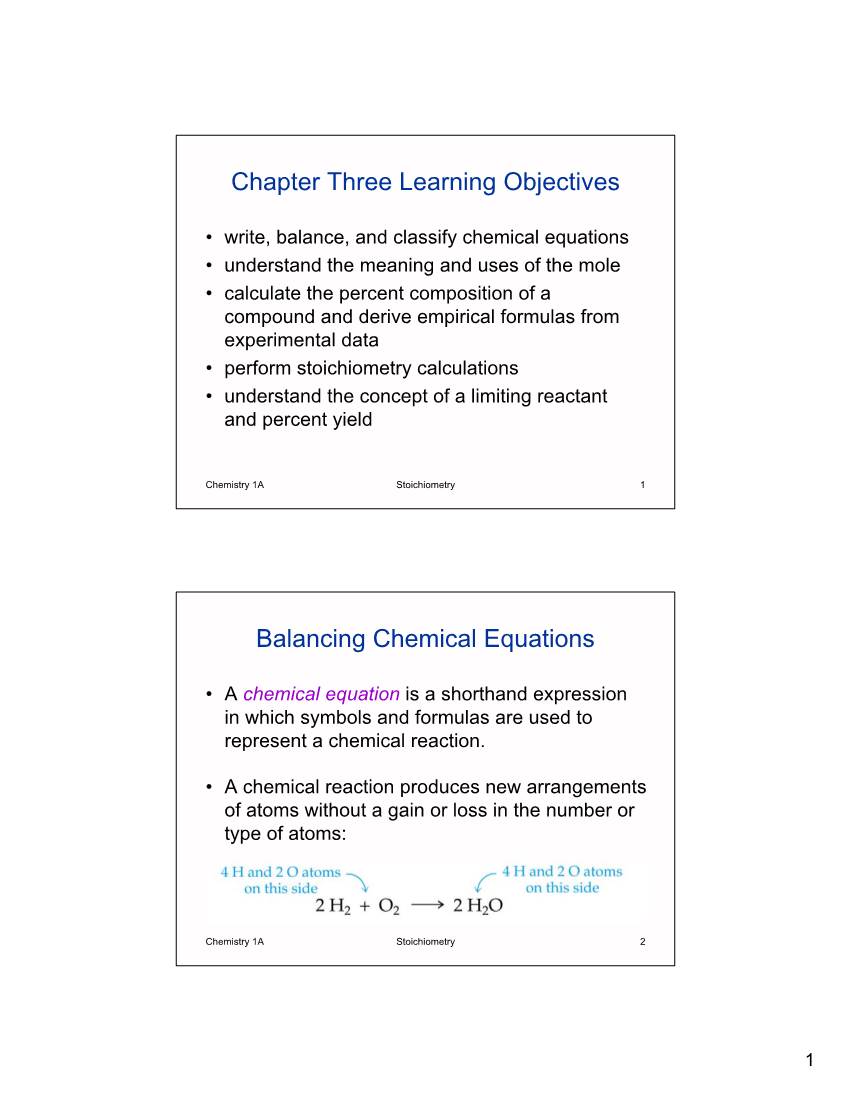 Chapter Three Learning Objectives Balancing Chemical Equations