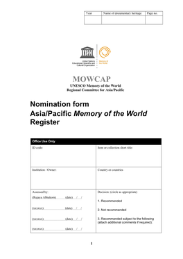 Nomination Form Asia/Pacific Memory of the World Register