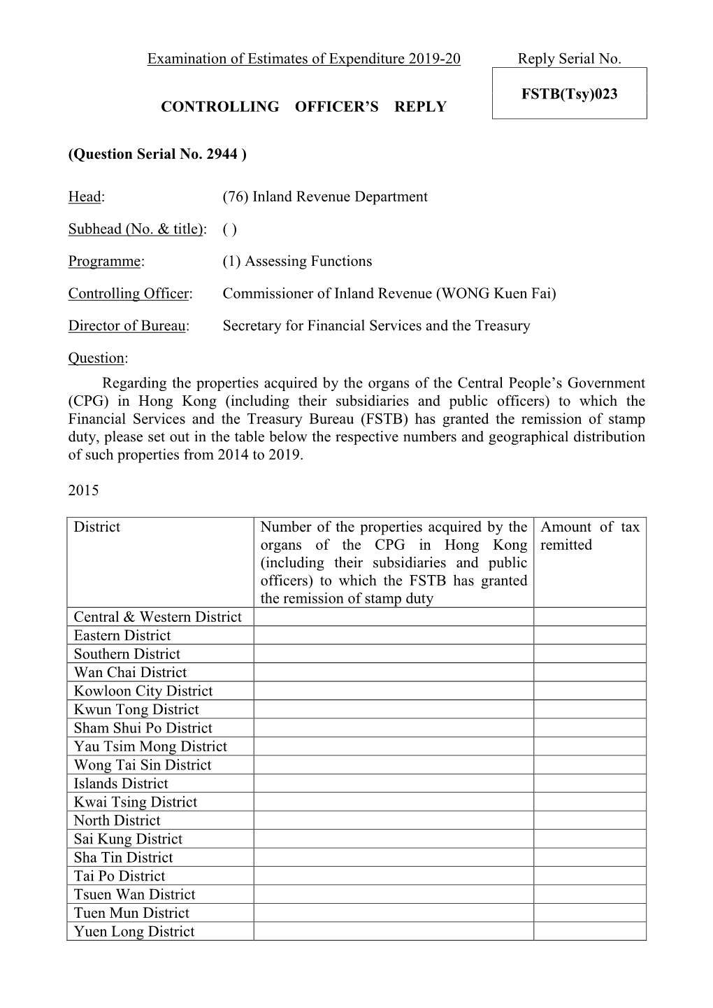 Examination of Estimates of Expenditure 2019-20 Reply Serial No