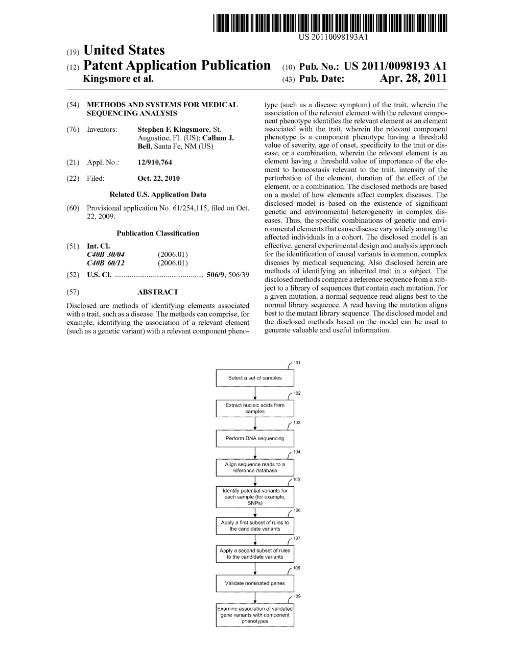 (12) Patent Application Publication (10) Pub. No.: US 2011/0098193 A1 Kingsmore Et Al