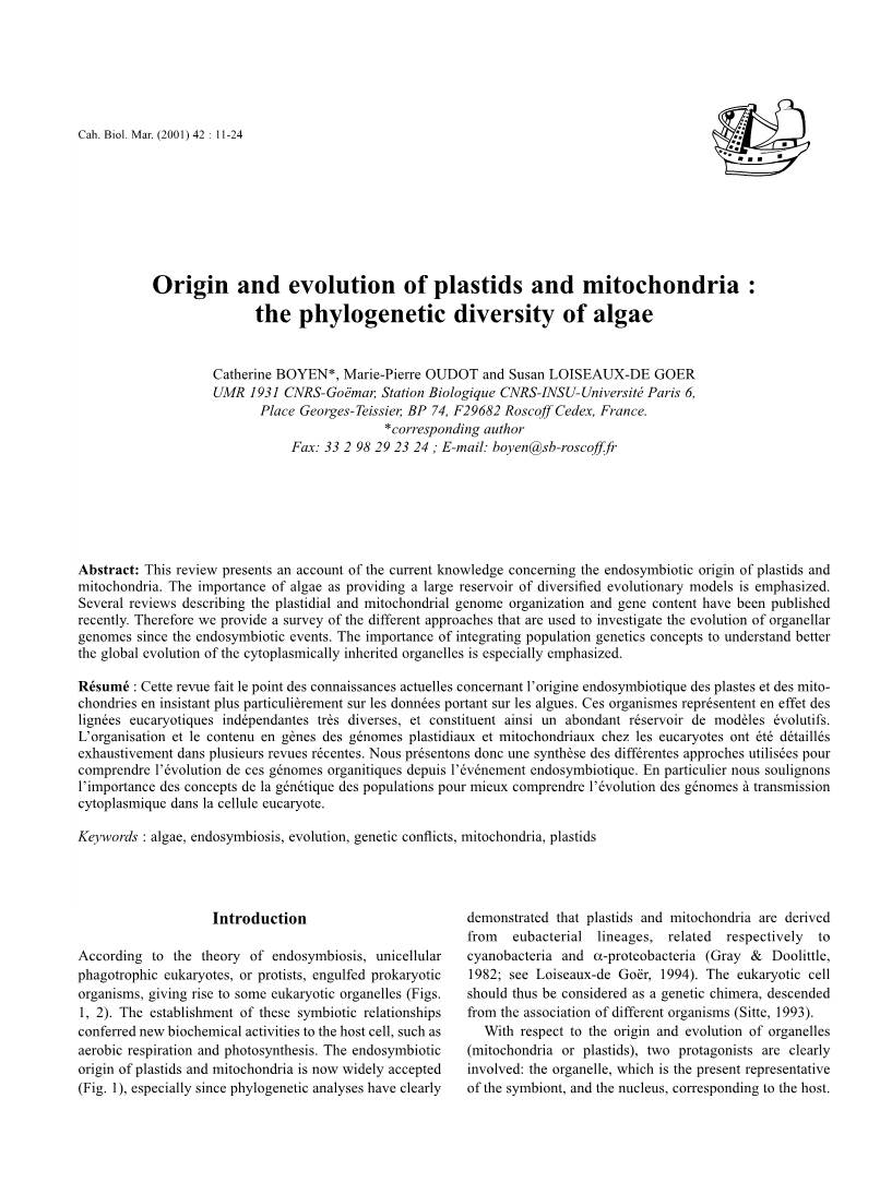 Origin and Evolution of Plastids and Mitochondria : the Phylogenetic Diversity of Algae